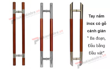 Tay nắm cửa inox có gỗ màu cánh gián đầu vát, đầu bằng, 3 đoạn đẹp